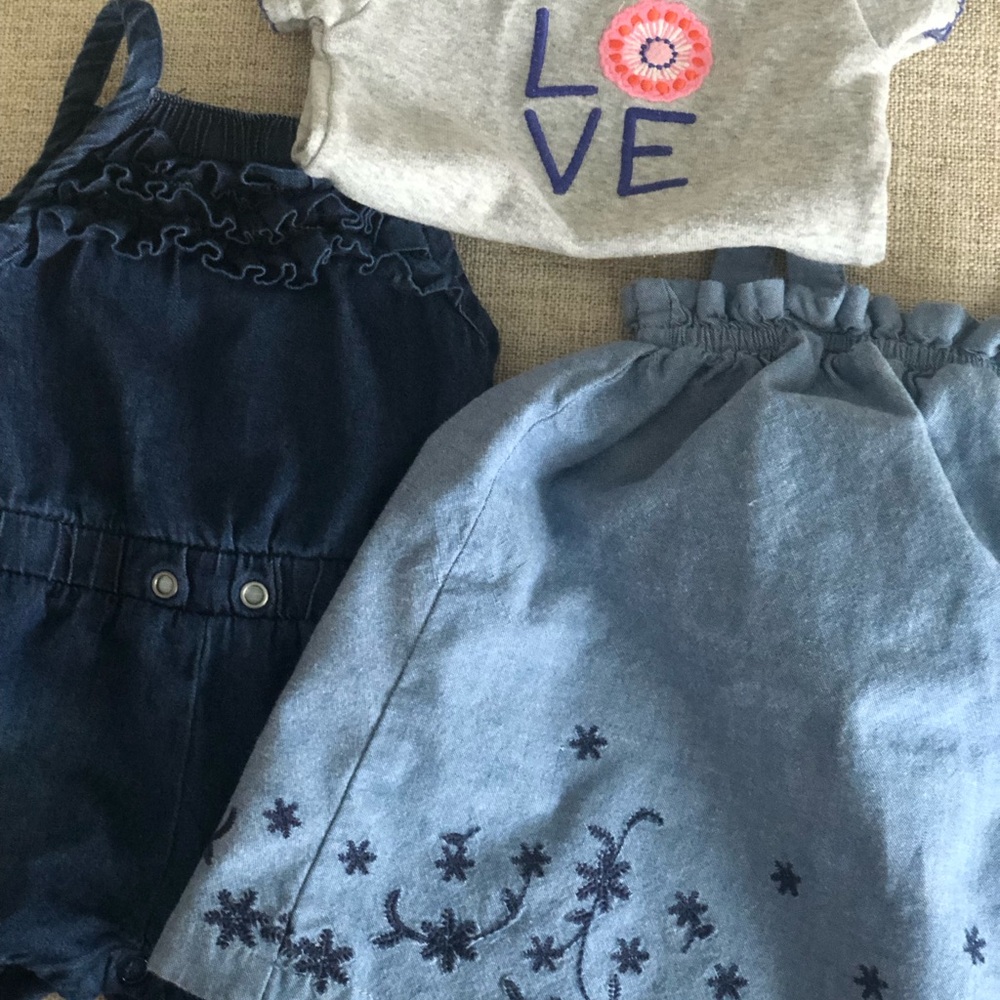 3 Month Girls Soft Denim Dress w/embroidery, Romper and One Piece Snap Top